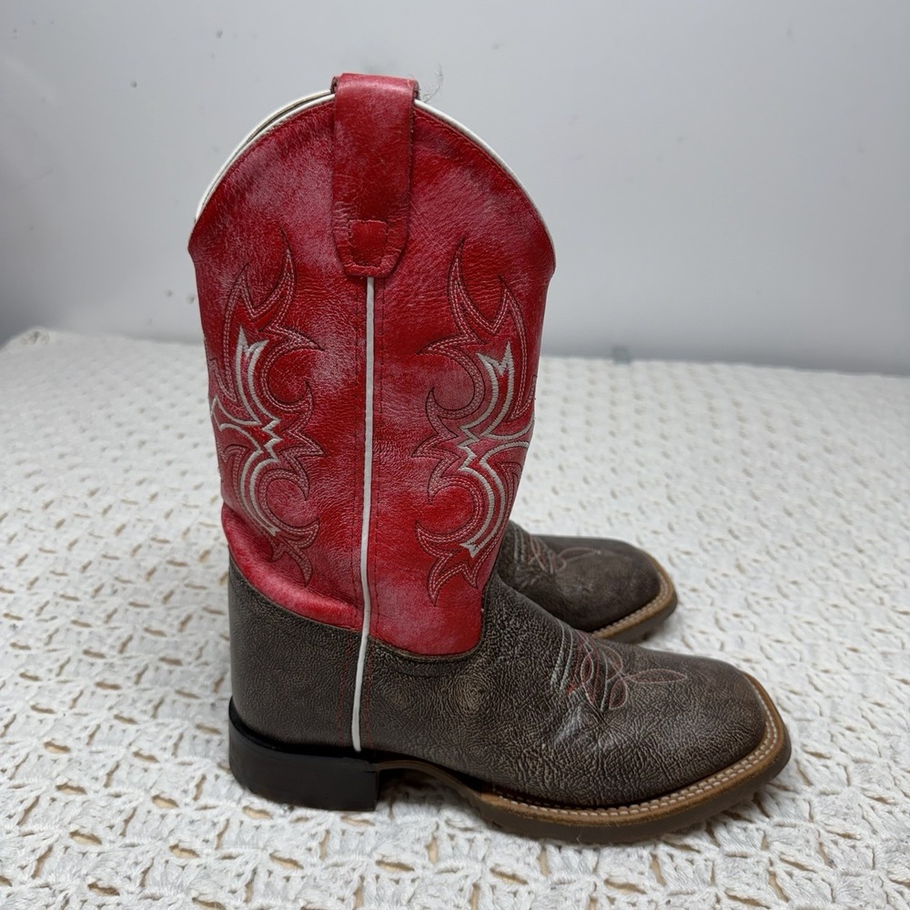 Old West Red Leather Broad Square Toe Boot Kids Boys Size 4 D Red Brown BSY1913 - Picture 1 of 11